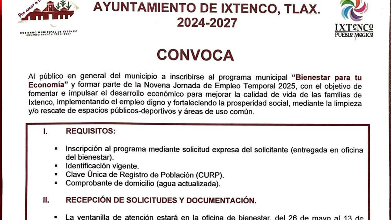 Convoca Ayuntamiento de Ixtenco a participar en la Novena Jornada de Empleo Temporal 2025