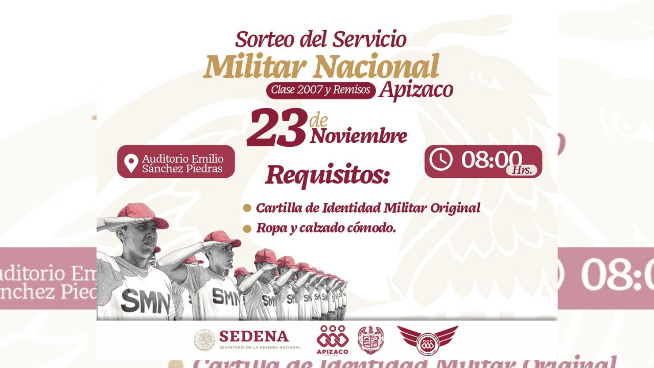 Queda reprogramado el sorteo del servicio militar nacional en Apizaco para el 23 de noviembre