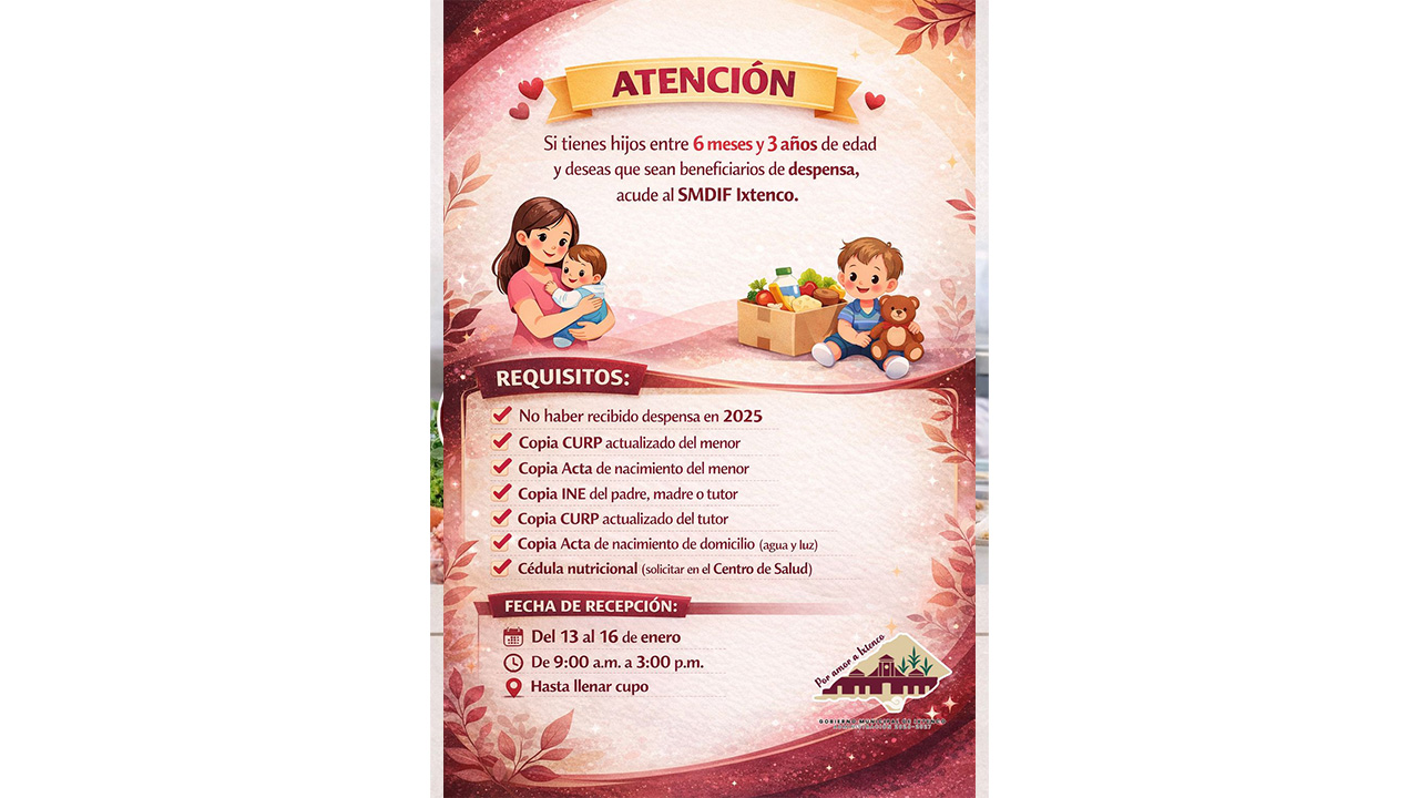 SMDIF Ixtenco invita a padres de familia a inscribir a sus hijos al programa de apoyo alimentario