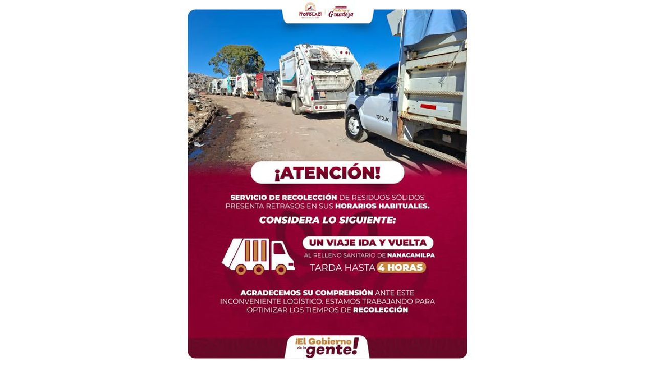 Se modifican temporalmente los horarios de recolección de basura en Totolac