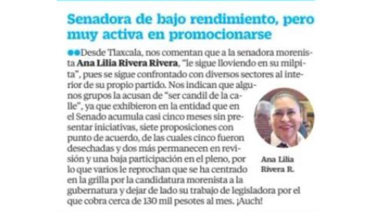 El Universal exhibe baja productividad de Ana Lilia en el Senado